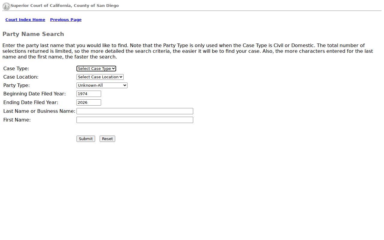 Imperial Beach people search San Diego Superior Court name form