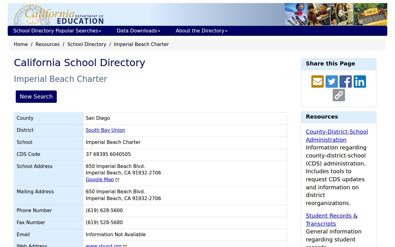 Imperial Beach charter school administrator directory listing