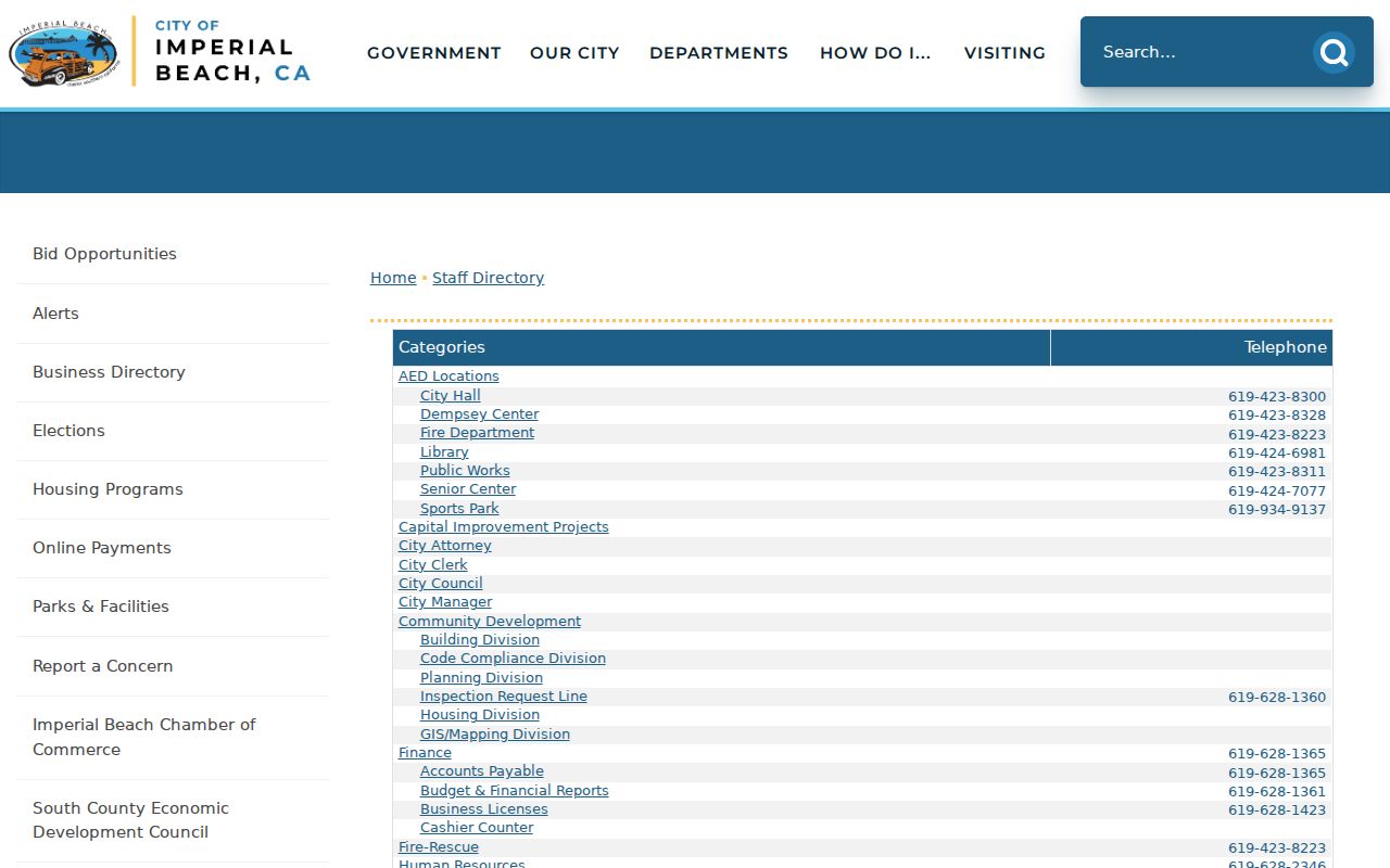 Imperial Beach city staff directory and contact page