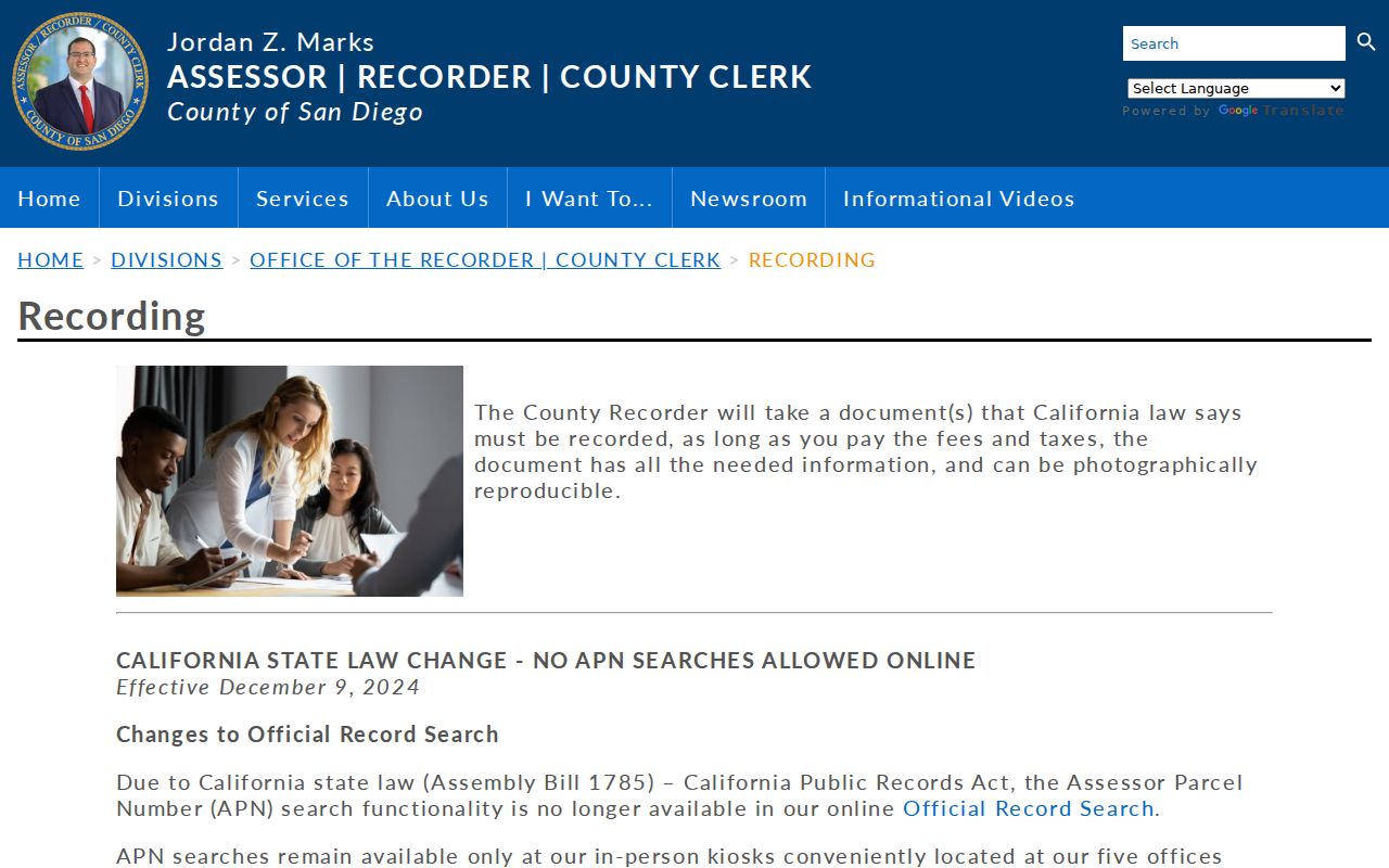 Imperial Beach public records instructions for the county recorder index