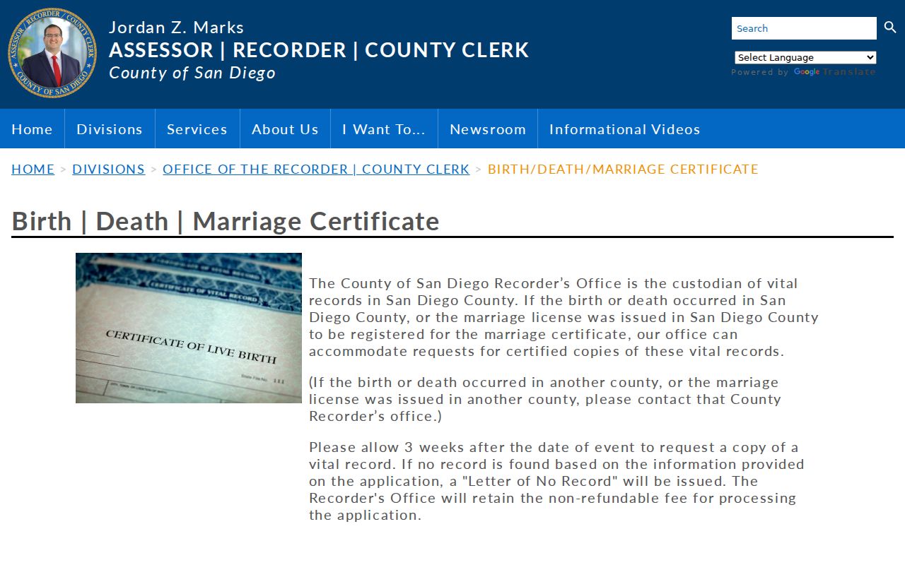 Imperial Beach public records page for county vital certificates