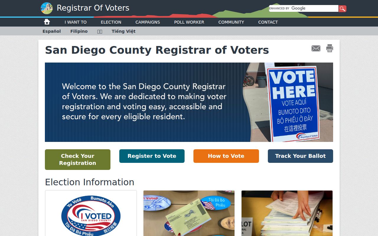 Imperial Beach voter records resources on the San Diego County Registrar homepage